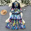 Vestido Romántico de Vacaciones con Estampado Colorido para Mujer, Manga Larga, Cintura de Corbata, Cintura Alta, Corte A, Elegante Vestido Largo, Otoño 2026