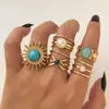 Anel de Metal Geométrico Redondo Vintage Europeu e Americano Cor de Pedra Esmeralda Pedra Natural Anel Banhado a Ouro KC terno