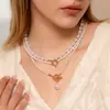 Collar Francés Apilado con Corazón de Perlas y Diamantes Completos, Elegante Collar Multicapa con Perlas de Imitación en Forma de Arroz, Joyería Transfronteriza Europea y Americana para Mujeres