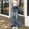 Jeans Bootcut Lavado Azul Retrô de Garota Quente Americana para Mulheres Primavera e Outono Calças de Cintura Baixa Soltas Retas de Perna Larga