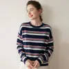 Suéter de Cashmere Listrado em Cores Contrastantes para Mulheres, Pulôver Solto Emagrecedor Estilo Preguiçoso, Suéter de Tricô Gola Redonda
