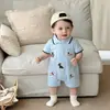 Mameluco corto de cuatro puntas azul claro para bebé niño con estampado de cachorro camisa polo de manga corta para bebé niño solapa de dibujos animados mameluco casual