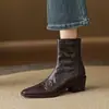 Botines cuadrados versátiles de piel auténtica para otoño e invierno, exportación transfronteriza, tacón grueso, cremallera trasera, efecto adelgazante, botines estilo Martin, botas de mujer estilo retro francés