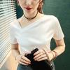 Verano Nuevo Manga Corta Mujer Cuello Oblicuo Algodón Mercerizado Blanco Top Mujer Color Sólido Edición Red Blanco t