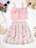 Conjunto de Dos Piezas de Verano para Niña Malla Tejida Bonita Falda Bordada Falda de Tirantes de Moda para Niña con Lazo