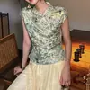 Nuevo top floral sin mangas estilo chino para mujer, cuello mao modificado, tapeta diagonal con cierre de botones, pliegues laterales, corte ajustado, camisa tipo camisola de estilo chino tradicional