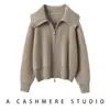 Cardigã de Malha Cashmere Feminino Bordado em Toalha Lapela Grande Outono Inverno Novo Design Espessado Zíper Duplo Casaco Suéter