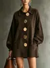 Chaqueta de ante europea y americana de otoño/invierno, con botones grandes, cuello de solapa, mangas de farol y diseño holgado de longitud media, para mujer.