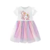 Vestido de Malla de Manga Corta para Niñas, Estilo Europeo y Americano, para Primavera/Verano 26 Años, Estampado Lindo de Unicornio, Vestido Infantil de Cuello Redondo, en Stock