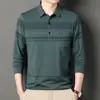 Camiseta de manga larga de primavera para hombre con cuello, ropa para hombres de mediana edad y mayores, top con bolsillo real, polo a rayas