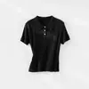 26º Verano Nuevo para Mujer Retro Tejido de Canalé Cuello Polo Manga Corta Ajustado Elegante Cuello Solapa Top Camiseta