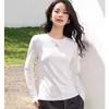 Camiseta de manga larga de muselina de bambú para mujer, alta elasticidad, top adelgazante, adecuada para usar en capas, camiseta base de color liso versátil para otoño