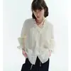 SEM RESTRICÇÃO Camisa Feminina com Gola V de Babados Franceses, Manga Três Quartos, para o Trabalho, Levemente Transparente, Pregas de Franzido, Blusa com Cordão