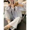 Pijama Feminino de Algodão Nuvem com Renda e Gola Grande para Primavera e Outono, Xadrez, Desenho Animado, Conjunto para Casa