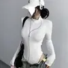 T-shirt Body de Manga Longa Vazado de Cintura Alta Europeu e Americano Feminino Outono e Inverno Sexy Sexy Body com Zíper Interno