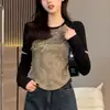 Camiseta de Manga Larga Estampada para Mujer Inspirada en el Diseño de Dopamina, Temporada de Otoño, Talla Grande, Top Corto con Estampado de Letras en la Manga Desgarrada