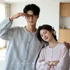 Pijama de Algodón a Rayas Degradadas Estilo Muji Gasa de Doble Capa Primavera, Otoño y Verano Conjuntos de Ropa para el Hogar para Parejas Hombres y Mujeres