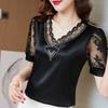 Camisa de gasa de manga corta con costuras de encaje de satén elástico de talla grande para mujer, ropa interior y exterior, nueva moda de primavera 2023