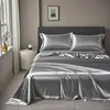 Lençol de Cama de Seda de Gelo Lavada de Luxo de Verão Peça Única para Dormitório Cama de Solteiro Mat de Seda de Gelo Refrescante Capa de Colcha Fronha Conjunto de Três Peças para o Verão