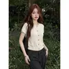 Cardigan de encaje tejido chic estilo francés, camiseta de manga corta para mujer, atuendo de verano ligero y sofisticado, top fino único y hermoso
