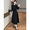 Vestido de manga larga de color liso con cuello tipo polo estilo Hepburn para mujer, otoño, tacto de alta gama, para mujeres de talla grande, ceñido a la cintura, adelgazante, falda larga en forma de paraguas