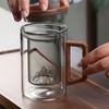 Taza de té de vidrio de borosilicato resistente al calor con revestimiento de vista de montaña de estilo chino, taza de té con separación de té, taza personal para trabajadores de oficina