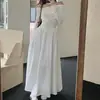 Vestido Longo Elegante de Inverno e Outono para Mulheres, Estilo Francês, para o Dia a Dia, Ombro a Ombro, Manga Longa, com Bolsos, Ajuste na Cintura, Franzido, Modelo Evasê
