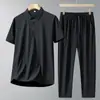 Conjunto Nuevo de Moda de Verano para Hombres de Mediana Edad y Mayores: Conjunto de Dos Piezas: Camisa Polo de Seda de Hielo de Manga Corta y Pantalones de Seda de Hielo