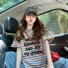 Diseñada con Empalme de Encaje, Camiseta de Manga Corta de Algodón Puro para Mujer, Estilo Europeo Oversize con Estampado de Letras, Top Versátil de Rayas Holgado