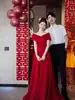 Vestido Largo Toast para la Novia en Otoño Francés de Gama Alta Pequeño Elegante Vestido de Noche Vestido Rojo de Compromiso para Mujeres