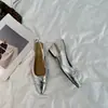 Sandálias Dapai Show com Costas Abertas e Laço, Sola Grossa, Estilo Fada, Bico Fechado, Bico Fino Francês, Salto Grosso Prata