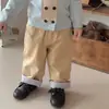Jaqueta suéter estilo coreano infantil, elegante, com blocos de cores retrô e gola polo, outono infantil, calça reta casual versátil com borda enrolada
