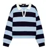 Bestseller transfronteiriço do AliExpress europeu e americano: Blusa de tricô com gola polo listrada, estilo de garota sexy retrô americana