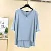 Camiseta de manga media para mujer, Primavera y Verano, Delgada de Algodón Modal, Top con cuello en V, Talla Grande, Holgada, Manga Media, Delantera Corta, Trasera Larga, Camiseta Básica