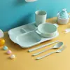 Juego de Seis Piezas de Vajilla Infantil de Paja de Trigo Set de Vajilla Dividida para Cafetería de Jardín de Infancia Tazón Taza Tenedor Cuchara Infantil