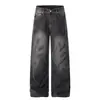 Jeans de Mezclilla Lavada Estilo Retro Americano con Salpicaduras de Tinta y Ligero Teñido, Unisex Sueltos de Pierna Ancha Versátiles Casuales Rectos Largos