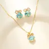 Pendientes de Cristal de Azúcar Geométricos Azules con Lazo de Lujo Ligero y Gama Alta Exquisito Versátil Set de Collar y Pendientes Versátil