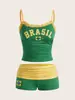 Conjunto sexy de verano Y2K para chica europea y americana con estampado de bandera brasileña, top corto de tirantes de encaje y shorts para streetwear