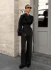 Conjunto de Dos Piezas para Mujer con Diseño Estilo Francés, Cintura Ajustable con Lazo, Mangas Largas y Pantalones Largos, Top Camisa Negra de Alta Gama y Pantalones Largos