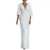 Vestido Feminino de Moda Nova Europeia e Americana para Comércio Exterior Outono 2026, Slim-Fit Francês, Gola V, Franzido, Manga Morcego, Cor Sólida