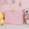 Bolsa de Maquiagem de Couro PU Rosa Grande Capacidade Bolsa de Armazenamento de Maquiagem Bordada Portátil com Divisória Bolsa de Maquiagem