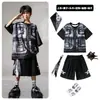 Ropa de Moda Hip-Hop para Niños Traje Negro de Manga Corta con Chaleco Falso para Niños Ropa Genial de Percusión para Actuación de Niñas