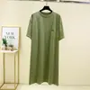 Vestido de Manga Corta de Algodón Puro para Mujer Verano Estilo Coreano Largo Holgado Ropa Exterior Vestido de Bolsillo Cómodo Hogar Vestido de Noche para Mujeres Embarazadas