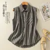 Camisa Original Artística de Algodão e Linho Estampada com Listras Verão Fina Sem Mangas Colete Camisa Feminina