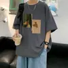 Camiseta Masculina de Verão Manga Curta Solta Tendência Marca Camiseta Retrô Americana Versátil Blusa de Manga Três Quartos Camiseta Jovem de Meia Manga