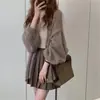 Comercio Exterior Mangas de Linterna Primavera y Otoño Nuevo Estilo Coreano Delgado Tejido Cardigan Superior para Mujer Suéter de Color Sólido Chaqueta Moda