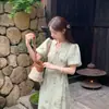 Vestido con Cuello Av para Mujer, Falda de Longitud Media, Nuevo Estilo Chino 2025, Estilo Lujo Ligero, Mangas Abullonadas de Verano, Estilo Nacional, Ambiente Elegante de Socialité