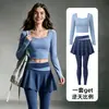 Conjunto de Roupa de Yoga de Outono para Mulheres, Usável ao Ar Livre, Gola Quadrada, Manga Longa, Cintura Alta, Calça Saia com Bloco de Cores na Cintura, Conjunto de Duas Peças para Pilates e Fitness