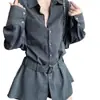Moda de Primavera y Otoño Elegante Holgado de Alta Gama Ceñidor de Cintura Rayas Camisa Talla Grande Juvenil Chic Top para Mujer