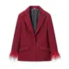 Moda Europea y Americana Transfronteriza Popular en Aliexpress Chaqueta de Traje Ajustada con Borde de Plumas Otoñal + Pantalones Rectos de Cintura Alta
